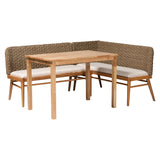 bali & pari Denver Modern Bohemian Natural Seagrass and Acacia Wood 3-Piece Dining Nook Set