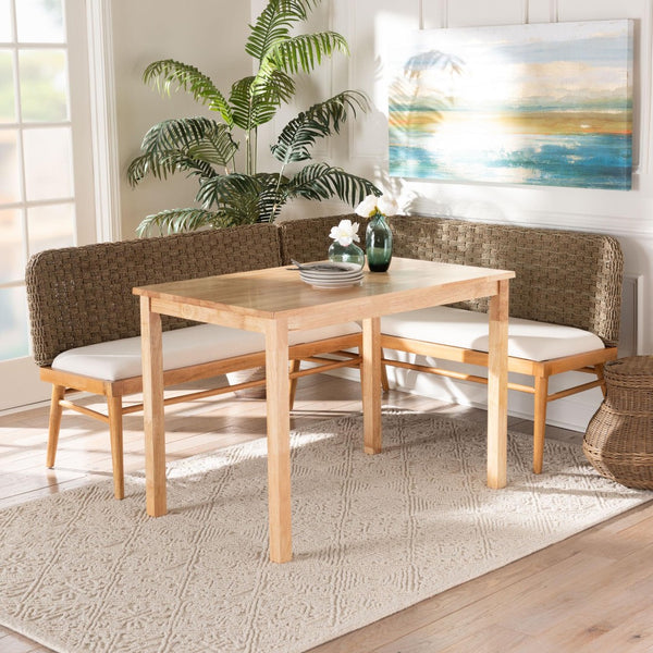 Baxton Studio bali Denver Modern Bohemian Seagrass and Acacia Wood Dining Nook Set for Cozy Gatherings 3-Piece Denver-Natural Seagrass-3PC Dining Set