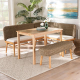 bali & pari Denver Modern Bohemian Natural Seagrass and Acacia Wood 4-Piece Dining Nook Set