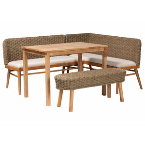 bali & pari Denver Modern Bohemian Natural Seagrass and Acacia Wood 4-Piece Dining Nook Set