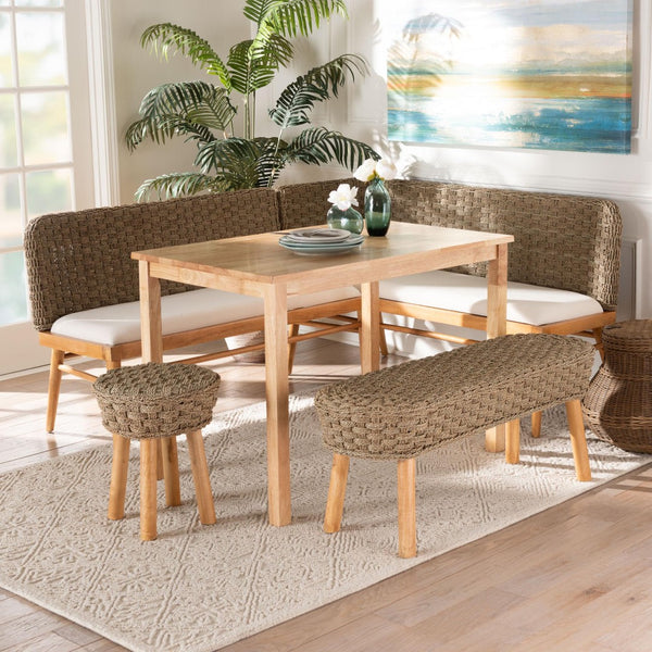 Baxton Studio bali Denver Modern Bohemian Seagrass and Acacia Wood Dining Nook Set for Cozy Gatherings 5-Piece Denver-Natural Seagrass-5PC Dining Set