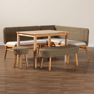 Baxton Studio bali Denver Modern Bohemian Seagrass and Acacia Wood Dining Nook Set for Cozy Gatherings 5-Piece Denver-Natural Seagrass-5PC Dining Set