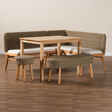 bali & pari Denver Modern Bohemian Natural Seagrass and Acacia Wood 5-Piece Dining Nook Set