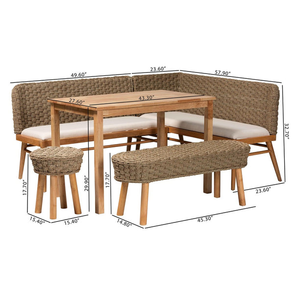 Baxton Studio bali Denver Modern Bohemian Seagrass and Acacia Wood Dining Nook Set for Cozy Gatherings 5-Piece Denver-Natural Seagrass-5PC Dining Set