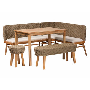 bali & pari Denver Modern Bohemian Natural Seagrass and Acacia Wood 5-Piece Dining Nook Set