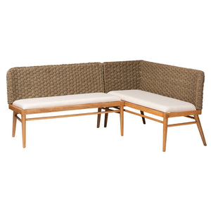 bali & pari Denver Modern Bohemian Natural Seagrass and Acacia Wood 2-Piece Dining Nook Banquette Set