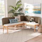 bali & pari Denver Modern Bohemian Natural Seagrass and Acacia Wood 2-Piece Dining Nook Banquette Set