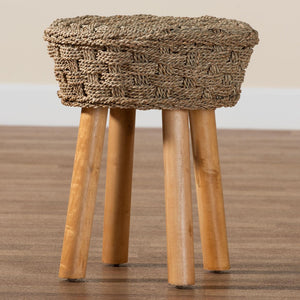 Baxton Studio bali Denver Modern Bohemian Seagrass & Acacia Wood Stool - Artisan-Crafted Accent for Any Space Denver-Natural Seagrass-Stool