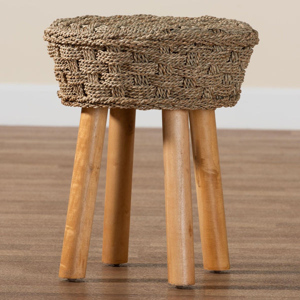 Baxton Studio bali Denver Modern Bohemian Seagrass & Acacia Wood Stool - Artisan-Crafted Accent for Any Space Denver-Natural Seagrass-Stool