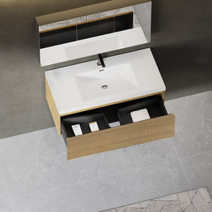 English Elm 36'' Floating Oak Bathroom Vanity Fluted Cabinet Soft-close Drawer Stone Resin Basin W1573P265197