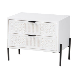 Baxton Studio Merryn Mid-Century Transitional Distressed White Finished Wood and Black Metal 2-Drawer Storage Cabinet