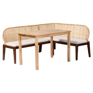 Baxton Studio Bali Okinawa 3-piece Dining Nook Set - L-shaped Rattan Corner Benches & Solid Wood Table For Boho Style Light Honey,Light Brown,White,Natural Brown Acacia Wood+Metal+Rubberwood (Frame),Fabric "100% Polyester",Foam,Natural Rattan (Backrest),Plywood(Backside),Mdf With Veneer (Table Top) Okinawa-light Honey/Light Brown-3pc Dining Set
