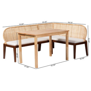 Baxton Studio Bali Okinawa 3-piece Dining Nook Set - L-shaped Rattan Corner Benches & Solid Wood Table For Boho Style Light Honey,Light Brown,White,Natural Brown Acacia Wood+Metal+Rubberwood (Frame),Fabric "100% Polyester",Foam,Natural Rattan (Backrest),Plywood(Backside),Mdf With Veneer (Table Top) Okinawa-light Honey/Light Brown-3pc Dining Set