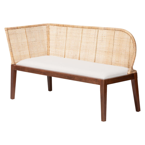 Baxton Studio Bali Okinawa 3-piece Dining Nook Set - L-shaped Rattan Corner Benches & Solid Wood Table For Boho Style Light Honey,Light Brown,White,Natural Brown Acacia Wood+Metal+Rubberwood (Frame),Fabric "100% Polyester",Foam,Natural Rattan (Backrest),Plywood(Backside),Mdf With Veneer (Table Top) Okinawa-light Honey/Light Brown-3pc Dining Set