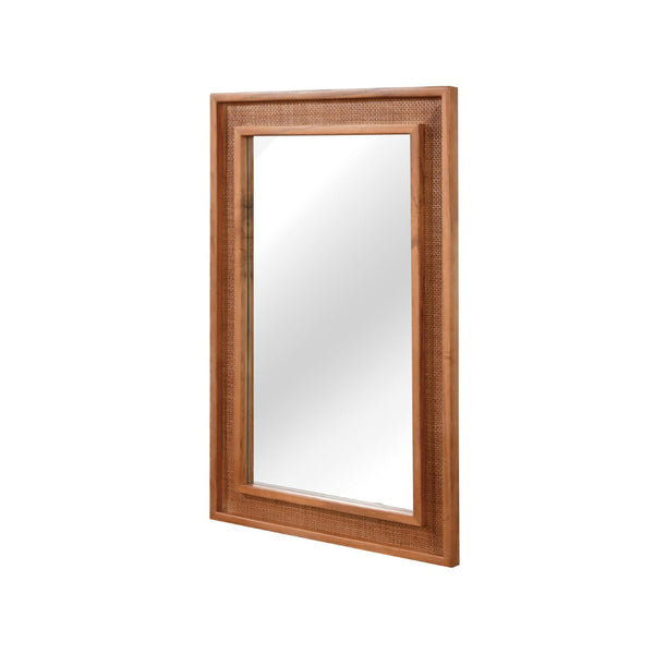 English Elm Natural Rattan Wrapped Solid Wood Rectangular Mirror Handcrafted Farmhouse Bathroom Entryway Yellowish-Brown W2203P436619