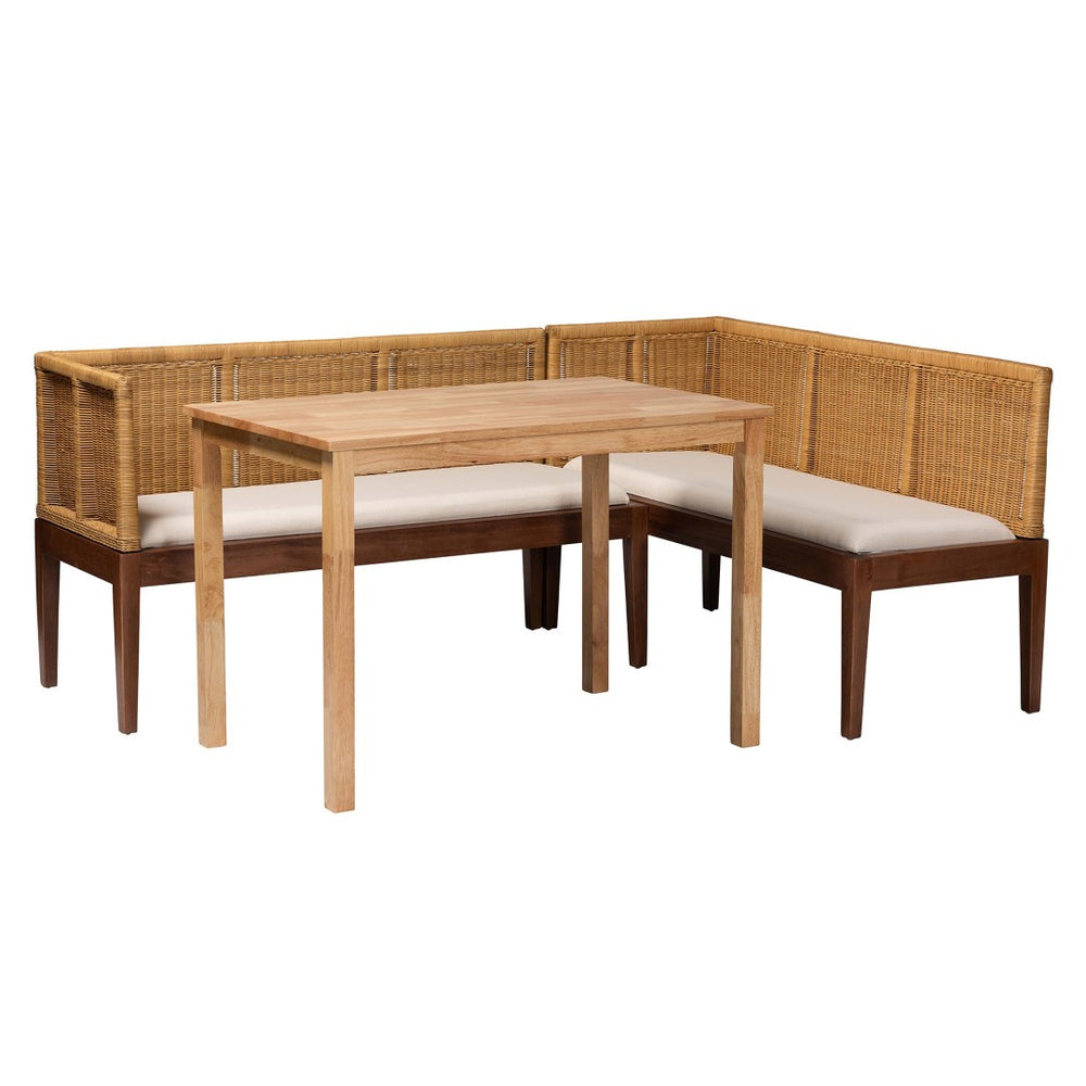 Baxton Studio bali Tabanan Modern Bohemian 3-Piece Dining Nook Set in Brown Acacia & Rattan - Cozy & Stylish! Tabanan-Light Honey/Light Brown-3PC Dining Set