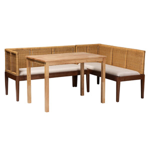 Baxton Studio bali Tabanan Modern Bohemian 3-Piece Dining Nook Set in Brown Acacia & Rattan - Cozy & Stylish! Tabanan-Light Honey/Light Brown-3PC Dining Set
