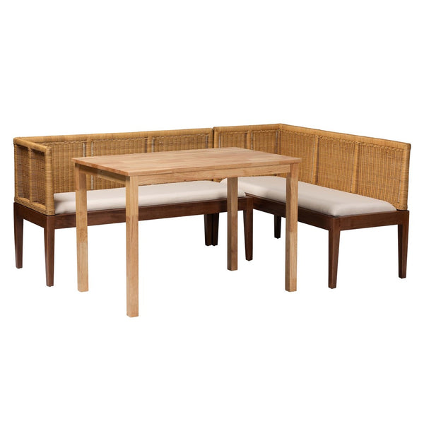 Baxton Studio bali Tabanan Modern Bohemian 3-Piece Dining Nook Set in Brown Acacia & Rattan - Cozy & Stylish! Tabanan-Light Honey/Light Brown-3PC Dining Set