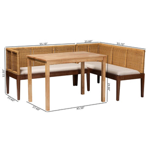 Baxton Studio bali Tabanan Modern Bohemian 3-Piece Dining Nook Set in Brown Acacia & Rattan - Cozy & Stylish! Tabanan-Light Honey/Light Brown-3PC Dining Set