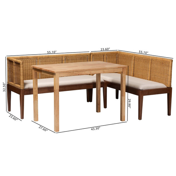 Baxton Studio bali Tabanan Modern Bohemian 3-Piece Dining Nook Set in Brown Acacia & Rattan - Cozy & Stylish! Tabanan-Light Honey/Light Brown-3PC Dining Set