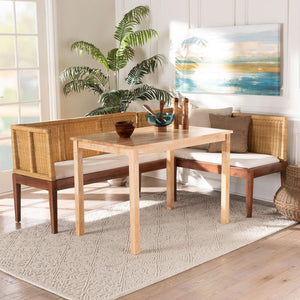 Baxton Studio bali Tabanan Modern Bohemian 3-Piece Dining Nook Set in Brown Acacia & Rattan - Cozy & Stylish! Tabanan-Light Honey/Light Brown-3PC Dining Set