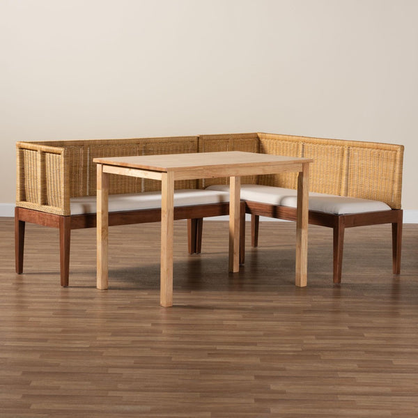 Baxton Studio bali Tabanan Modern Bohemian 3-Piece Dining Nook Set in Brown Acacia & Rattan - Cozy & Stylish! Tabanan-Light Honey/Light Brown-3PC Dining Set