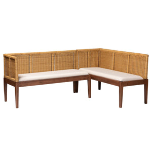 bali & pari Tabanan Modern Bohemian Nautral Brown Rattan and Brown Acacia Wood 2-Piece Dining Nook Banquette Set