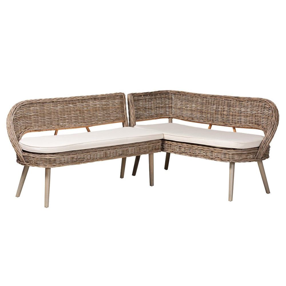 Baxton Studio bali Raisa Modern Bohemian 2-Piece Dining Nook Banquette Set in Natural Kubu Rattan & Acacia Wood Mona Kubu-Grey/Natural/Light Brown-2PC Bench Set