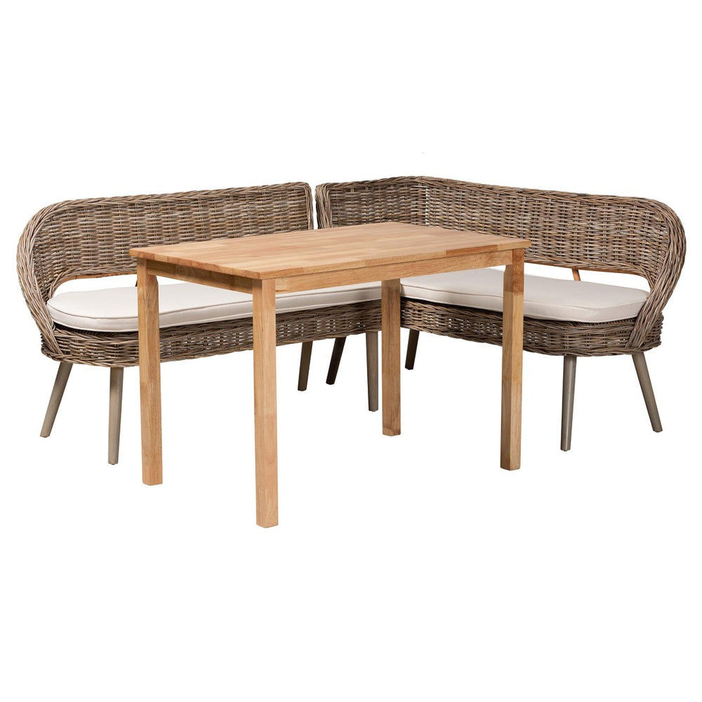 Baxton Studio Baxton Studio Raisa Modern Bohemian Natural Rattan Bench and Acacia Wood Dining Table Set 3-Piece Mona Kubu-Grey/Natural/Light Brown-3PC Dining Set