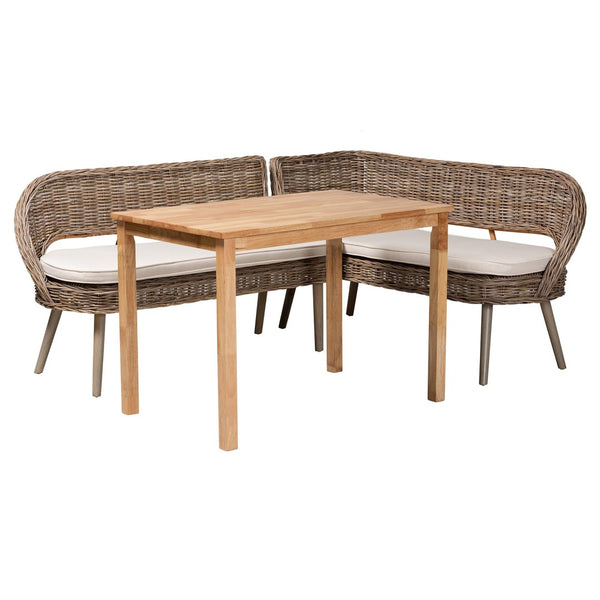 Baxton Studio Baxton Studio Raisa Modern Bohemian Natural Rattan Bench and Acacia Wood Dining Table Set 3-Piece Mona Kubu-Grey/Natural/Light Brown-3PC Dining Set