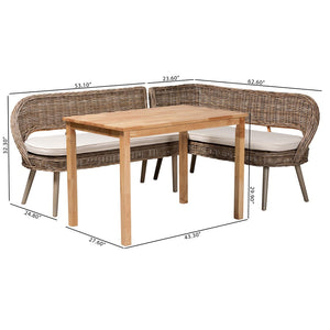 Baxton Studio Baxton Studio Raisa Modern Bohemian Natural Rattan Bench and Acacia Wood Dining Table Set 3-Piece Mona Kubu-Grey/Natural/Light Brown-3PC Dining Set