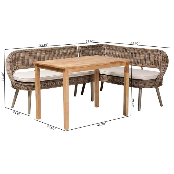 Baxton Studio Baxton Studio Raisa Modern Bohemian Natural Rattan Bench and Acacia Wood Dining Table Set 3-Piece Mona Kubu-Grey/Natural/Light Brown-3PC Dining Set