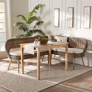 Baxton Studio Baxton Studio Raisa Modern Bohemian Natural Rattan Bench and Acacia Wood Dining Table Set 3-Piece Mona Kubu-Grey/Natural/Light Brown-3PC Dining Set