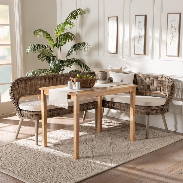 Baxton Studio Baxton Studio Raisa Modern Bohemian Natural Rattan Bench and Acacia Wood Dining Table Set 3-Piece Mona Kubu-Grey/Natural/Light Brown-3PC Dining Set