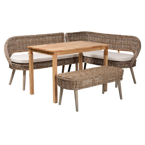 Baxton Studio Baxton Studio Raisa Modern Bohemian Natural Rattan Bench and Acacia Wood Dining Table Set 4-Piece Mona Kubu-Grey/Natural/Light Brown-4PC Dining Set