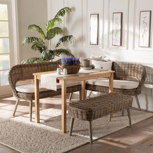 Baxton Studio Baxton Studio Raisa Modern Bohemian Natural Rattan Bench and Acacia Wood Dining Table Set 4-Piece Mona Kubu-Grey/Natural/Light Brown-4PC Dining Set