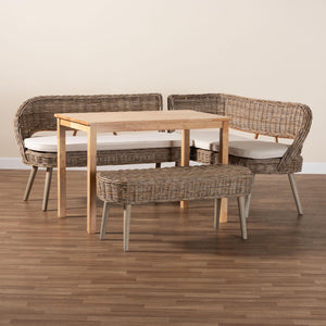 Baxton Studio Baxton Studio Raisa Modern Bohemian Natural Rattan Bench and Acacia Wood Dining Table Set 4-Piece Mona Kubu-Grey/Natural/Light Brown-4PC Dining Set