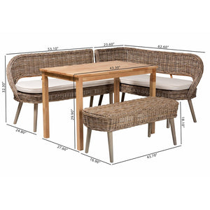 Baxton Studio Baxton Studio Raisa Modern Bohemian Natural Rattan Bench and Acacia Wood Dining Table Set 4-Piece Mona Kubu-Grey/Natural/Light Brown-4PC Dining Set