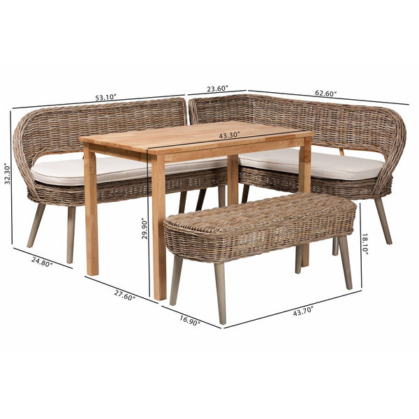 Baxton Studio Baxton Studio Raisa Modern Bohemian Natural Rattan Bench and Acacia Wood Dining Table Set 4-Piece Mona Kubu-Grey/Natural/Light Brown-4PC Dining Set