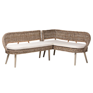 bali & pari Raisa Modern Bohemian Greywashed Seagrass and Acacia Wood 2-Piece Dining Nook Banquette Set