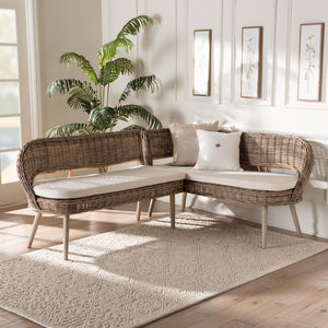 Baxton Studio bali Raisa Modern Bohemian 2-Piece Dining Nook Banquette Set in Natural Kubu Rattan & Acacia Wood Mona Kubu-Grey/Natural/Light Brown-2PC Bench Set