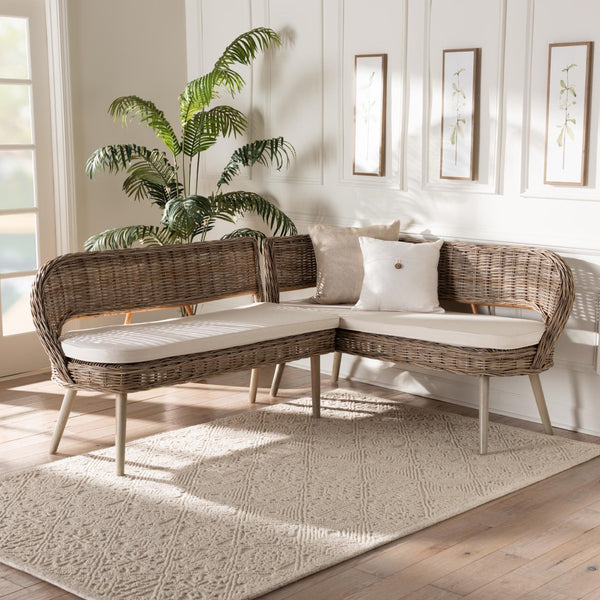 Baxton Studio bali Raisa Modern Bohemian 2-Piece Dining Nook Banquette Set in Natural Kubu Rattan & Acacia Wood Mona Kubu-Grey/Natural/Light Brown-2PC Bench Set