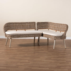 Baxton Studio bali Raisa Modern Bohemian 2-Piece Dining Nook Banquette Set in Natural Kubu Rattan & Acacia Wood Mona Kubu-Grey/Natural/Light Brown-2PC Bench Set