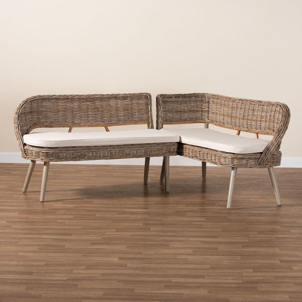 Baxton Studio bali Raisa Modern Bohemian 2-Piece Dining Nook Banquette Set in Natural Kubu Rattan & Acacia Wood Mona Kubu-Grey/Natural/Light Brown-2PC Bench Set