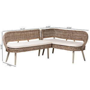 Baxton Studio bali Raisa Modern Bohemian 2-Piece Dining Nook Banquette Set in Natural Kubu Rattan & Acacia Wood Mona Kubu-Grey/Natural/Light Brown-2PC Bench Set