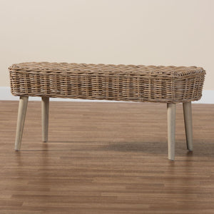 Baxton Studio bali Raisa Modern Bohemian Accent Bench - Handcrafted Kubu Rattan & Grey Acacia for Versatile Seating Mona Kubu-Grey/Natural/Light Brown-Bench (no back)