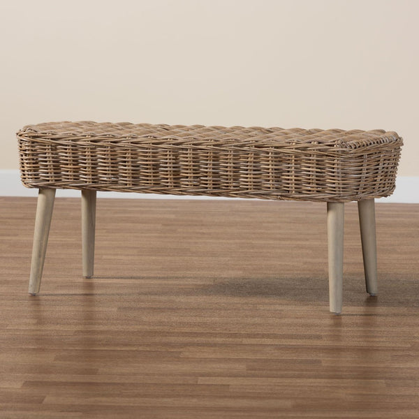 Baxton Studio bali Raisa Modern Bohemian Accent Bench - Handcrafted Kubu Rattan & Grey Acacia for Versatile Seating Mona Kubu-Grey/Natural/Light Brown-Bench (no back)