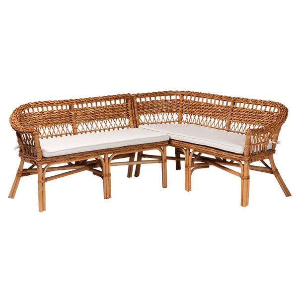 Baxton Studio bali Bali Nella Modern Bohemian Rattan 2-Piece Dining Nook Banquette Set with Cushions for Comfort Nella-Natural/Light Honey Rattan-2PC Bench Set