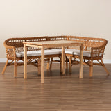 Baxton Studio Nella Modern Bohemian Natural Brown Finished Wood and Rattan 3-Piece Dining Nook Set