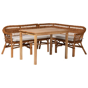 Baxton Studio Nella Modern Bohemian Natural Brown Finished Wood and Rattan 3-Piece Dining Nook Set